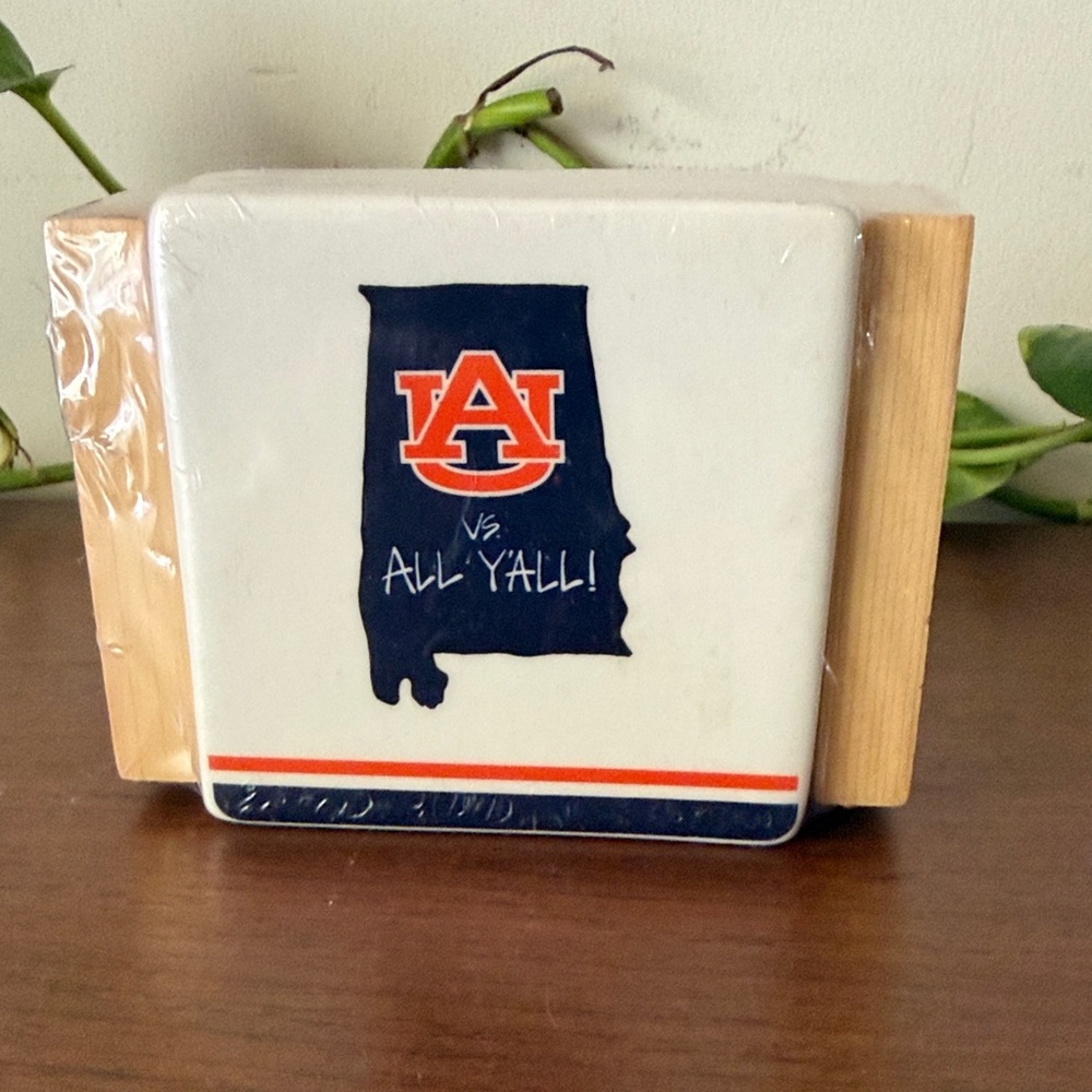 Auburn University Ceramic Coaster Set with Wood Holder - Navy & Orange